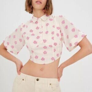 For Love & Lemons White & Pink Floral Short Sleeve Blouse S